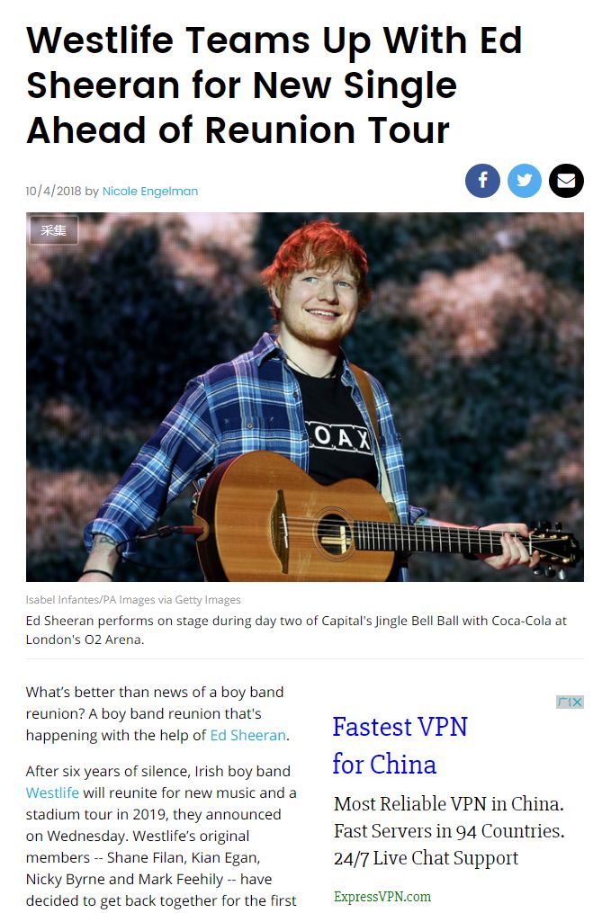 Billboard报道Westlife重组Ed Sheeran倾情助力